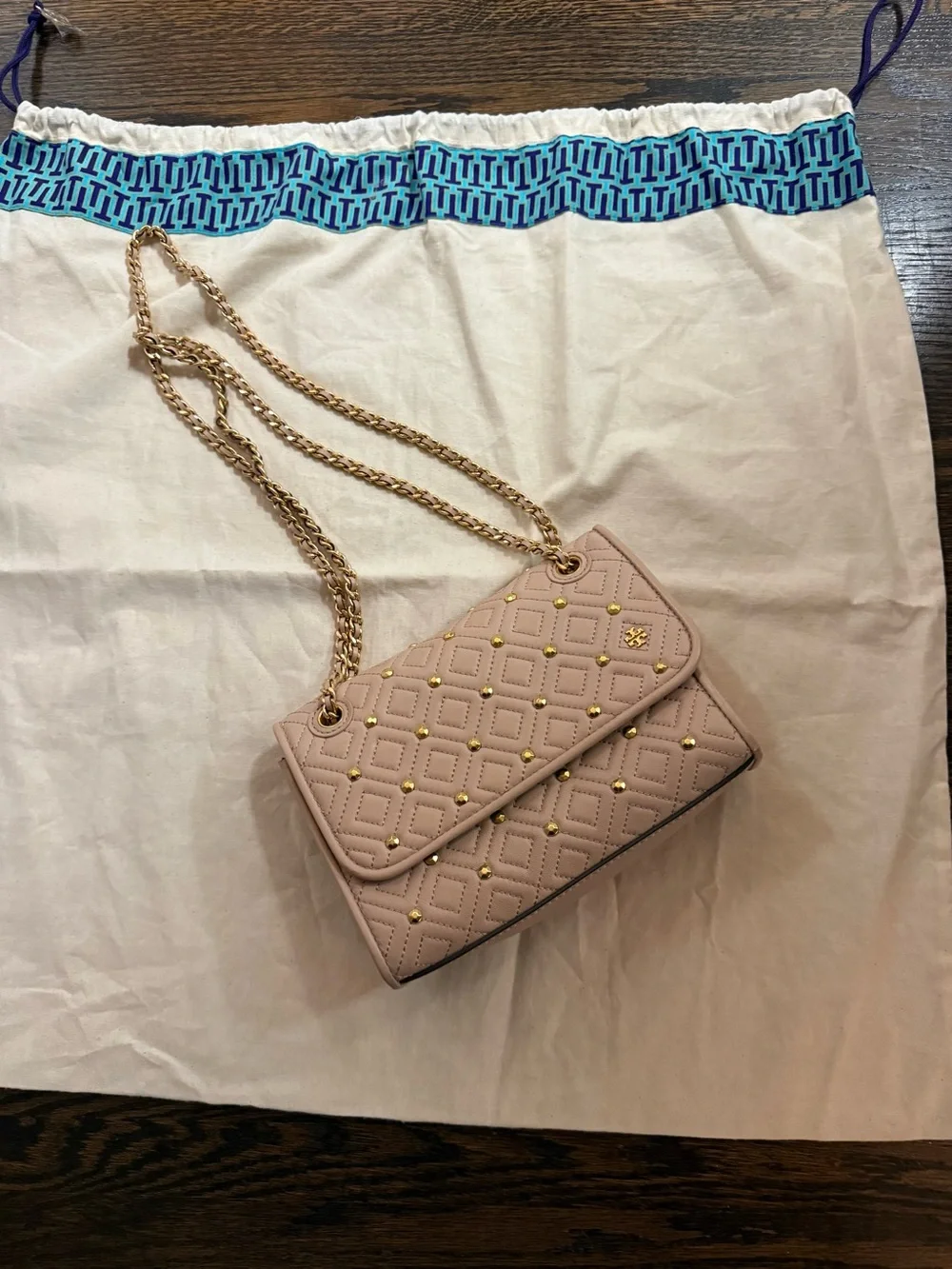 Tory Burch Quilted Studded Chain Crossbody Bag - Pale Pink with Gold Hardware - Picture 1 of 6